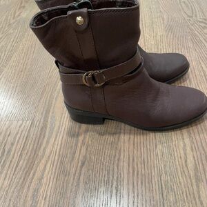 Anne Klein Brown Faux-Leather Ankle Boots with Buckle Strap